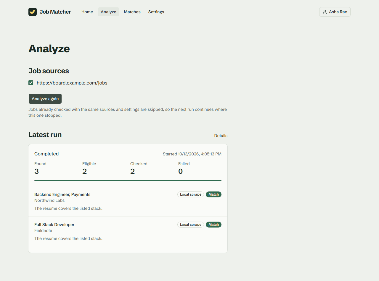 Job Matcher's Analyze page: a completed run that found three listings, checked two, and marked both as matches, each with a one-line reason.