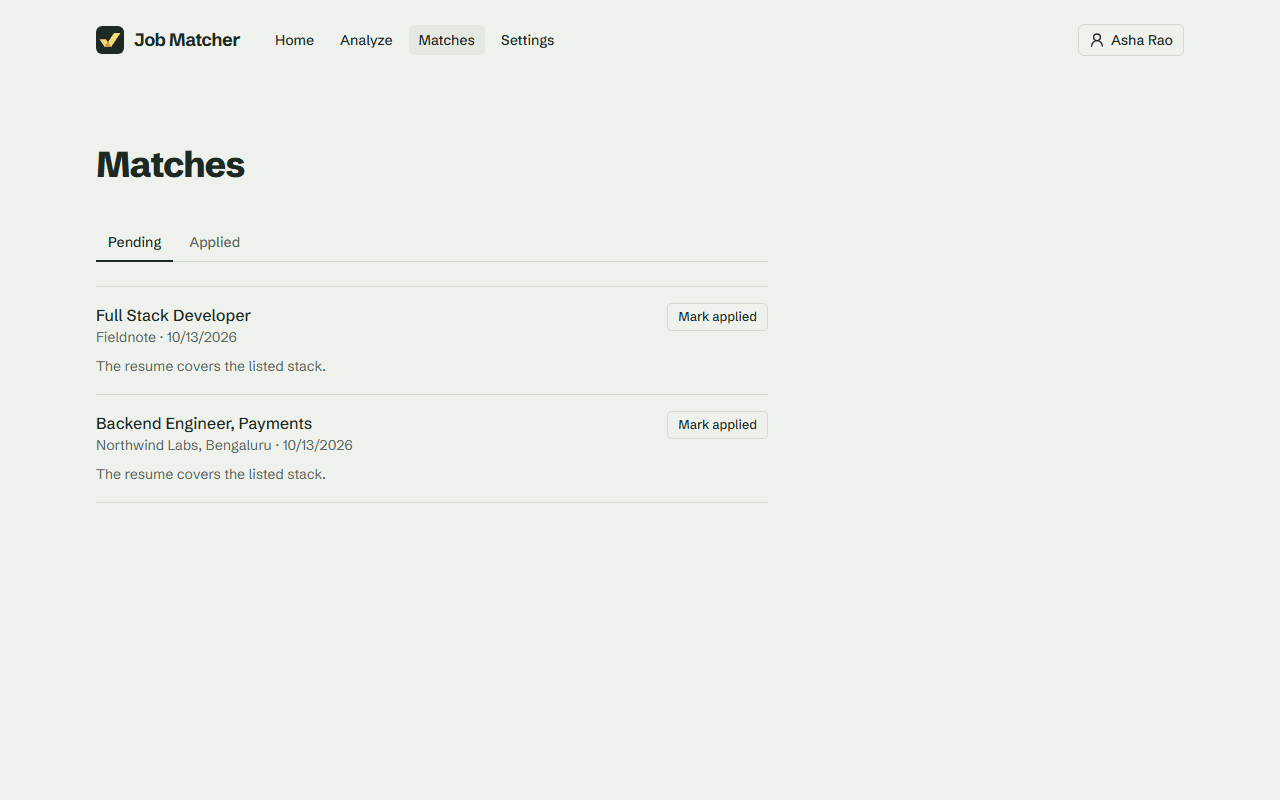Job Matcher's Matches page listing two pending matches, each with a Mark applied button.